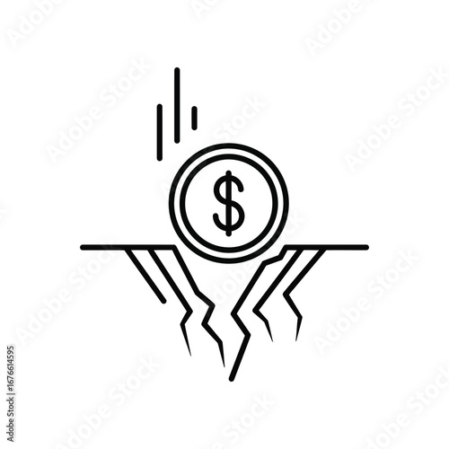Financial Risk: A conceptual linear outline illustration showcasing a coin plummeting into a chasm, symbolizing the delicate dance between monetary decline and potential financial devastation.