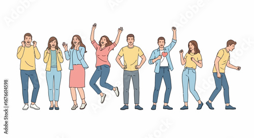 A group of diverse people expressing various emotions, including shock, joy, excitement, and disappointment, standing in a line.