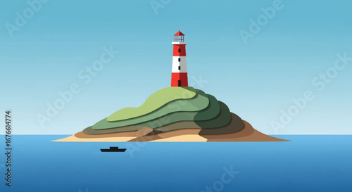 Coastal Beacon: Striped Lighthouse on Layered Hill with Small Boat