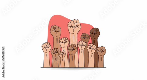 A group of diverse raised fists symbolizing unity, strength, and protest against injustice, set against a white background with a red abstract shape.