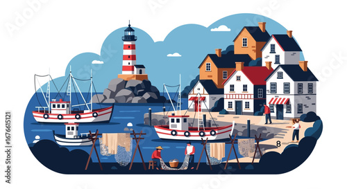 Coastal Fishing Village Scene with Boats, Lighthouse, and Fishermen.