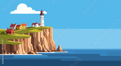 Coastal Lighthouse and Village on Cliffside with Ocean View and Cloud