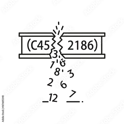 Broken Code: A stark, graphic representation of fragmented data, depicting a digitally torn identity tag against a backdrop of scattered symbols, evoking themes of system failure.