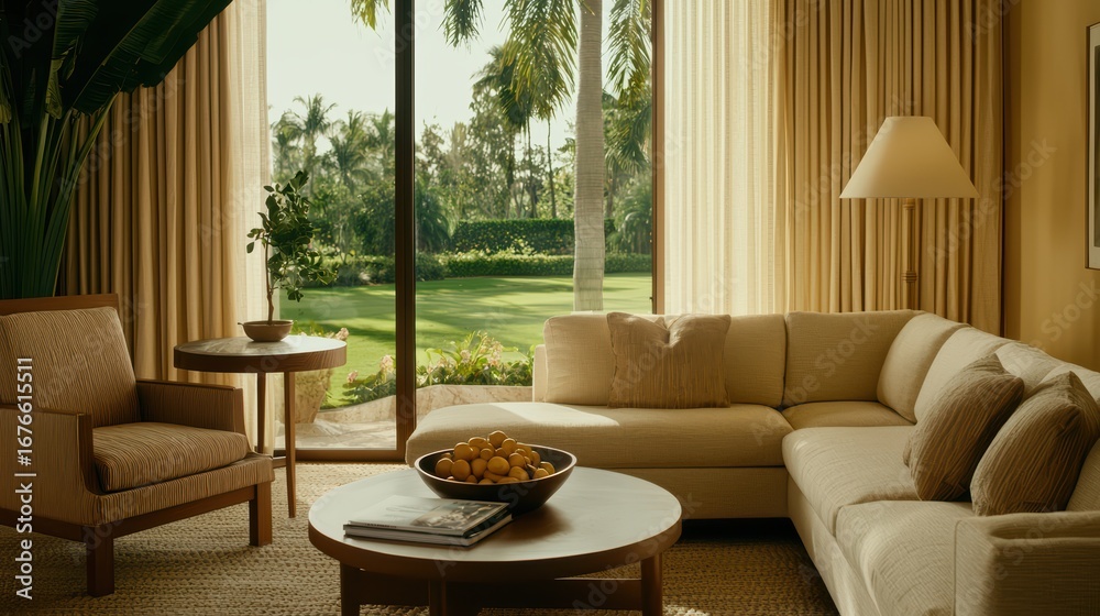 Fototapeta premium Bright and Airy Living Room with View of Lush Green Landscape