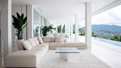 Modern minimalistic living room with panoramic mountain views