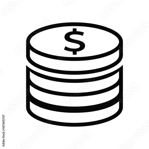 Stacked Coins Icon: Simple graphic of stacked coins with a dollar sign, symbolizing finance, currency, wealth, and prosperity.