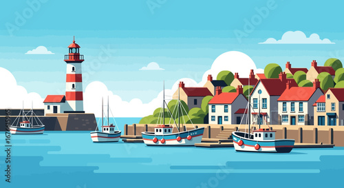 Coastal Village Scene with Lighthouse, Boats, and Charming Houses