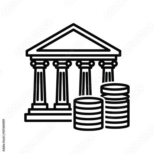 Financial Institution Icon: A classic architectural icon of a financial institution, with columns and a roof, accompanied by stacks of coins, symbolizing wealth and financial stability. 