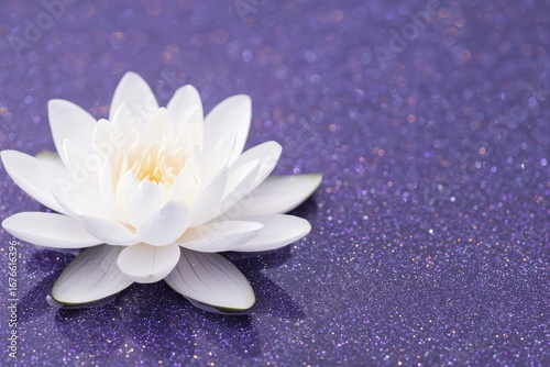 White Lotus Flower on Sparkling Purple Surface with Reflection