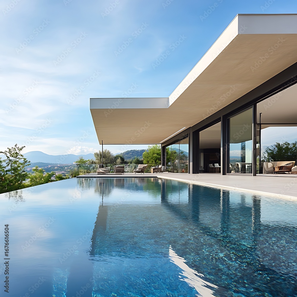 Fototapeta premium Modern luxury villa with infinity pool and ocean view image