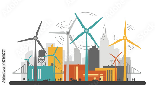 Colorful Cityscape with Modern Wind Turbines Illustrating Sustainable Energy