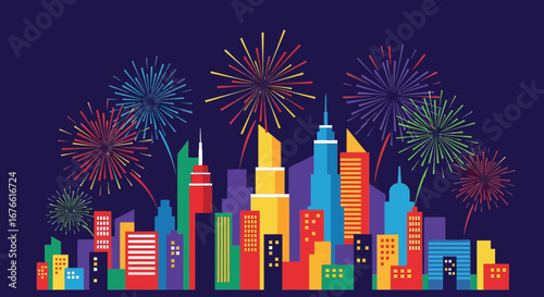 Colorful Cityscape Celebrating with Fireworks Display Against Dark Blue Sky
