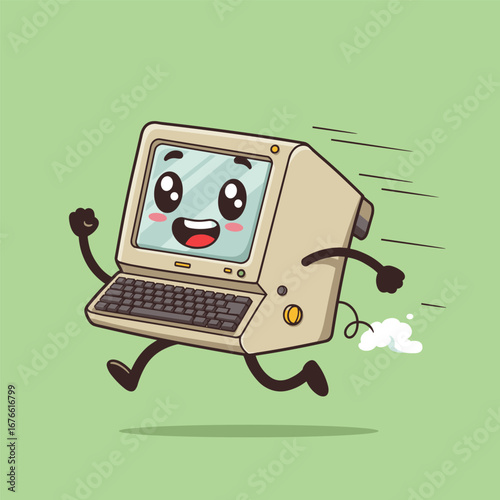 A cheerful vintage computer mascot with a smiling face, expressive eyes, and rosy cheeks, dashes forward with energetic motion lines and a puff of smoke—blending retro charm with lively personality.