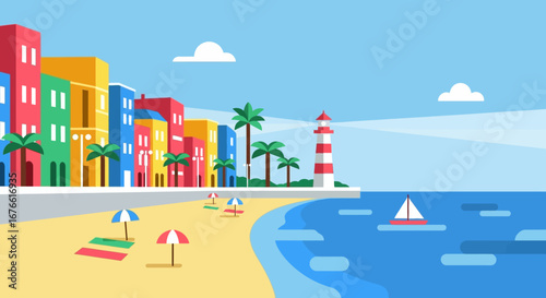 Colorful coastal town with red and white striped lighthouse and sailboat
