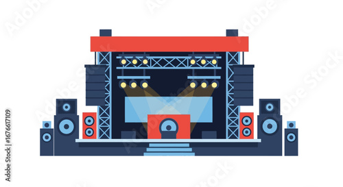 Colorful Concert Stage with Lights, Speakers, and DJ Booth Illustration