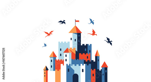 Colorful fairytale castle with flying dragons in shades of red and blue