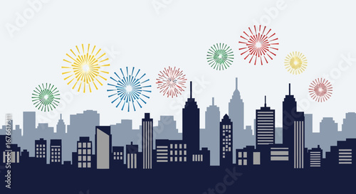 Colorful Fireworks Exploding Above a Silhouetted City Skyline at Night