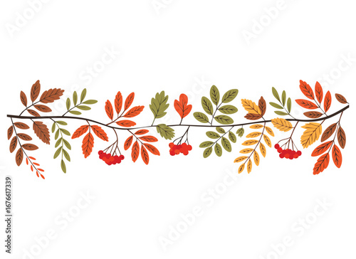 Flat vector illustration of autumn leaves and berries on a string as a horizontal banner with copy space, great for fall season poster holiday or festive designs