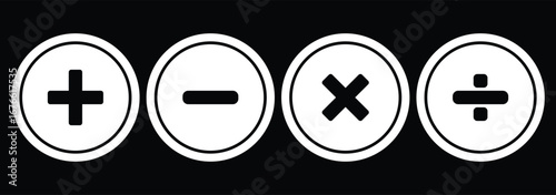 Four basic mathematical operation symbols plus minus multiply and divide. Round plus and minus icons set. eps 10