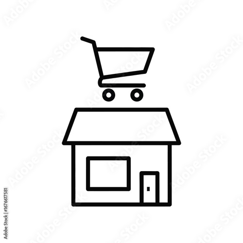 Retail Outlet Concept: A modern digital illustration presents a sleek store symbol, topped by a shopping cart, conveying a modern retail concept and shopping experience.