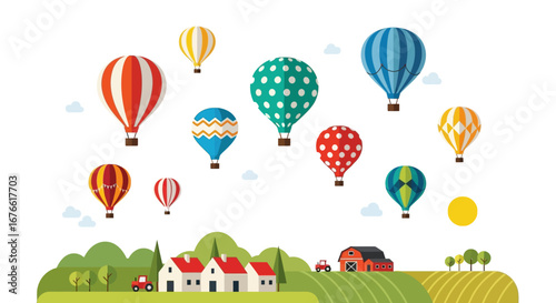 Colorful hot air balloons float above a quaint farm landscape illustration
