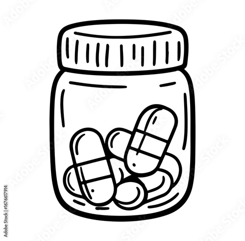 This hand-drawn illustration features a jar filled with colorful pills and capsules. It serves as a creative representation of medicine and health.