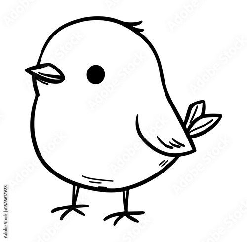 This charming hand-drawn bird illustration features a cute character in simple black and white style. Perfect for creative projects and designs.