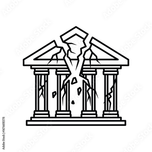 Symbolic Collapse: A stark graphic depicts the ruin of a neoclassical structure, its pillars fractured and facade in disarray, symbolizing decay, corruption, or crisis.