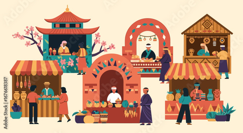 Colorful Market Stalls with People Selling Various Goods and Products