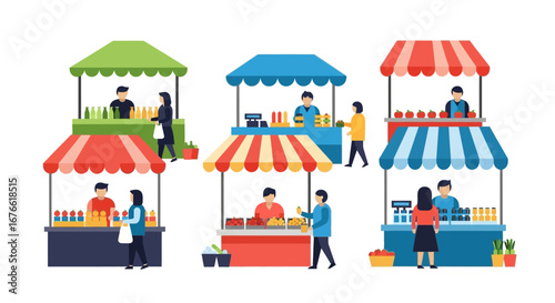 Colorful Market Stalls with Vendors and Customers in a Flat Vector Illustration