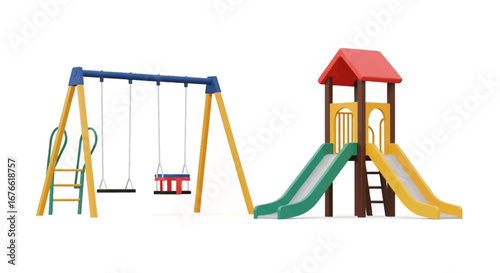 Colorful Playground Equipment Featuring Swings and Dual Slides for Fun