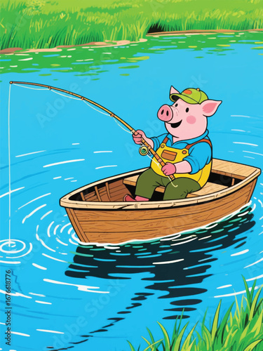 funny pig fishing in the lake Illustrator Artwork design template poster
