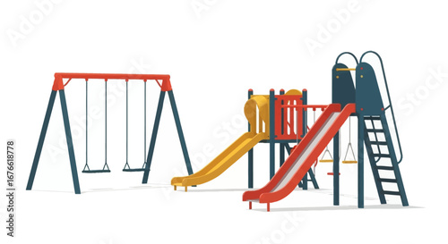 Colorful Playground Equipment Featuring Swings, Slides, and Climbing Structures