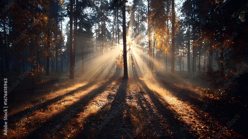 Obraz premium Golden sunlight streams through a misty autumn forest, casting long shadows on the forest floor.