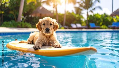 Charming golden retriever puppy lounging on a surfboard in a sunny resort swimming pool during a summer getaway