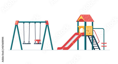 Colorful playground set featuring swings and a slide with a red roof