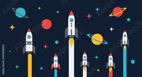 Colorful Rockets Launching Among Planets and Stars in a Flat Design