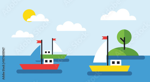 Colorful Sailing Boats Floating on Calm Waters with Sun and Clouds