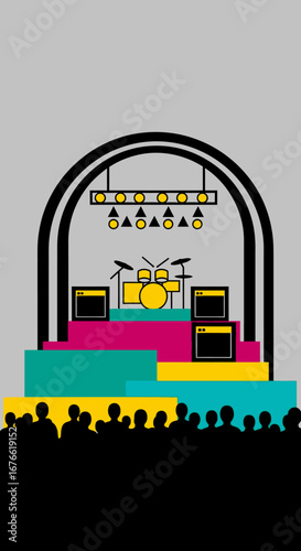 Colorful Stage with Drum Set, Amps, Lights, Arch, and Silhouetted Audience
