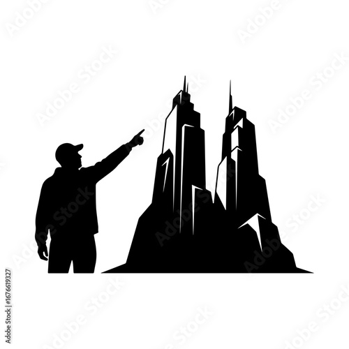 A silhouette of an architect or developer pointing towards a city skyline. A concept for construction, urban development, real estate, and future vision.