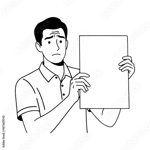 Line art of a man with a worried expression holding a blank sign. Simple black and white drawing of a person with an empty board.