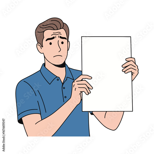 Man with a worried expression holding a blank white sign. Person with an empty board for your message. Protest or announcement concept.