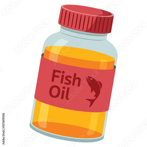 Liquid omega 3 fish oil in transparent bottle, flat vector illustration symbol of health supplement, medicine, nutrition, pharmacy, wellness and diet related medical science theme design visuals