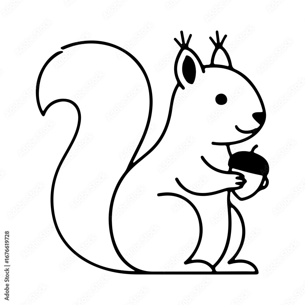 Obraz premium A classic line art drawing of a squirrel holding an acorn. A black and white illustration of a cute woodland rodent, perfect for autumn, nature, or forest themed designs.