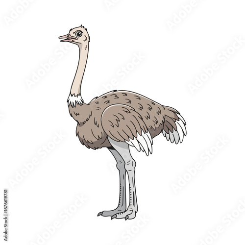 A realistic, colored illustration of an ostrich. A detailed drawing of the large, flightless bird from Africa, perfect for educational materials and zoo-themed designs.