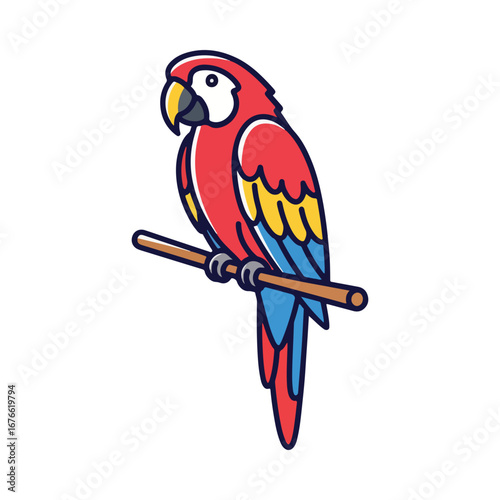 A vibrant cartoon macaw parrot perched on a branch. This colorful tropical bird illustration is isolated on a white background, ideal for jungle or exotic animal themes.