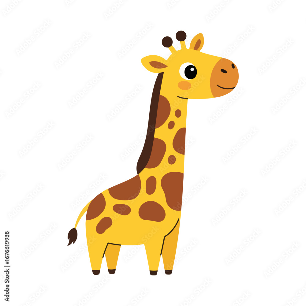 Fototapeta premium A cute cartoon illustration of a happy baby giraffe. Adorable and colorful drawing of a young safari animal, isolated on a white background for children's projects.