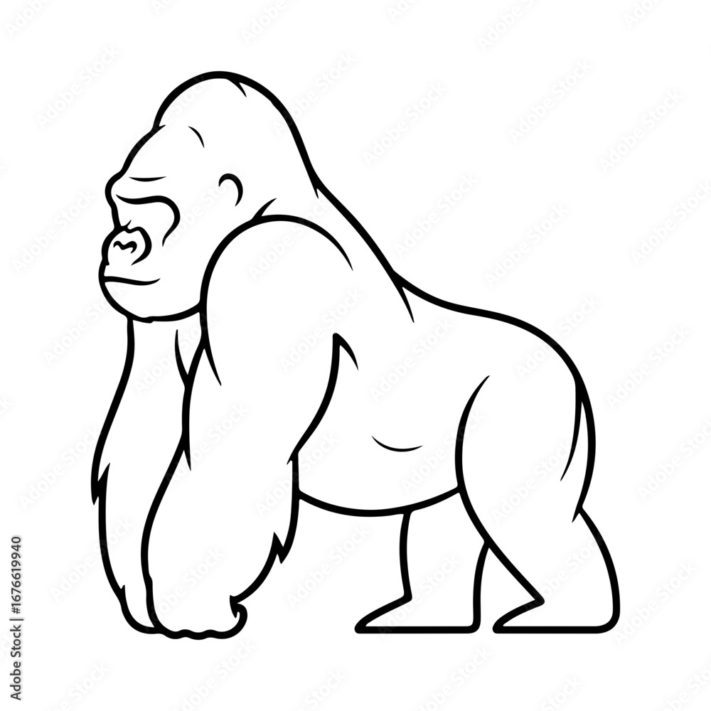 Obraz premium A bold black outline cartoon illustration of a strong gorilla. Stylized and simple graphic of a powerful ape, great for icons, logos or mascots.