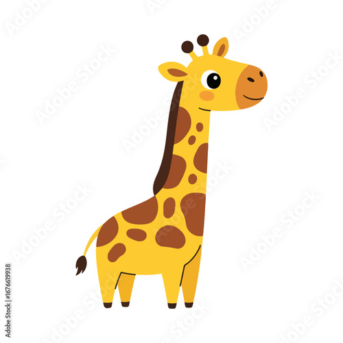 A cute cartoon illustration of a happy baby giraffe. Adorable and colorful drawing of a young safari animal, isolated on a white background for children's projects.