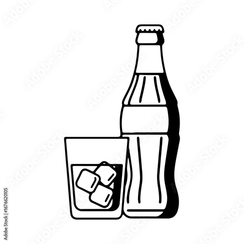 A classic glass bottle of soda pop next to a drinking glass with ice cubes. A refreshing cold beverage icon, line art style, isolated on white.